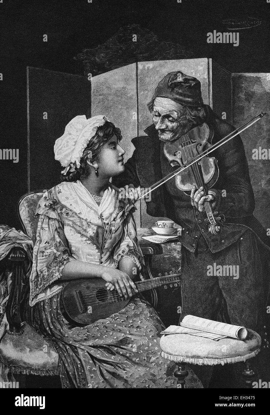 Historical engraving, house music teacher with student, 1888 Stock Photo