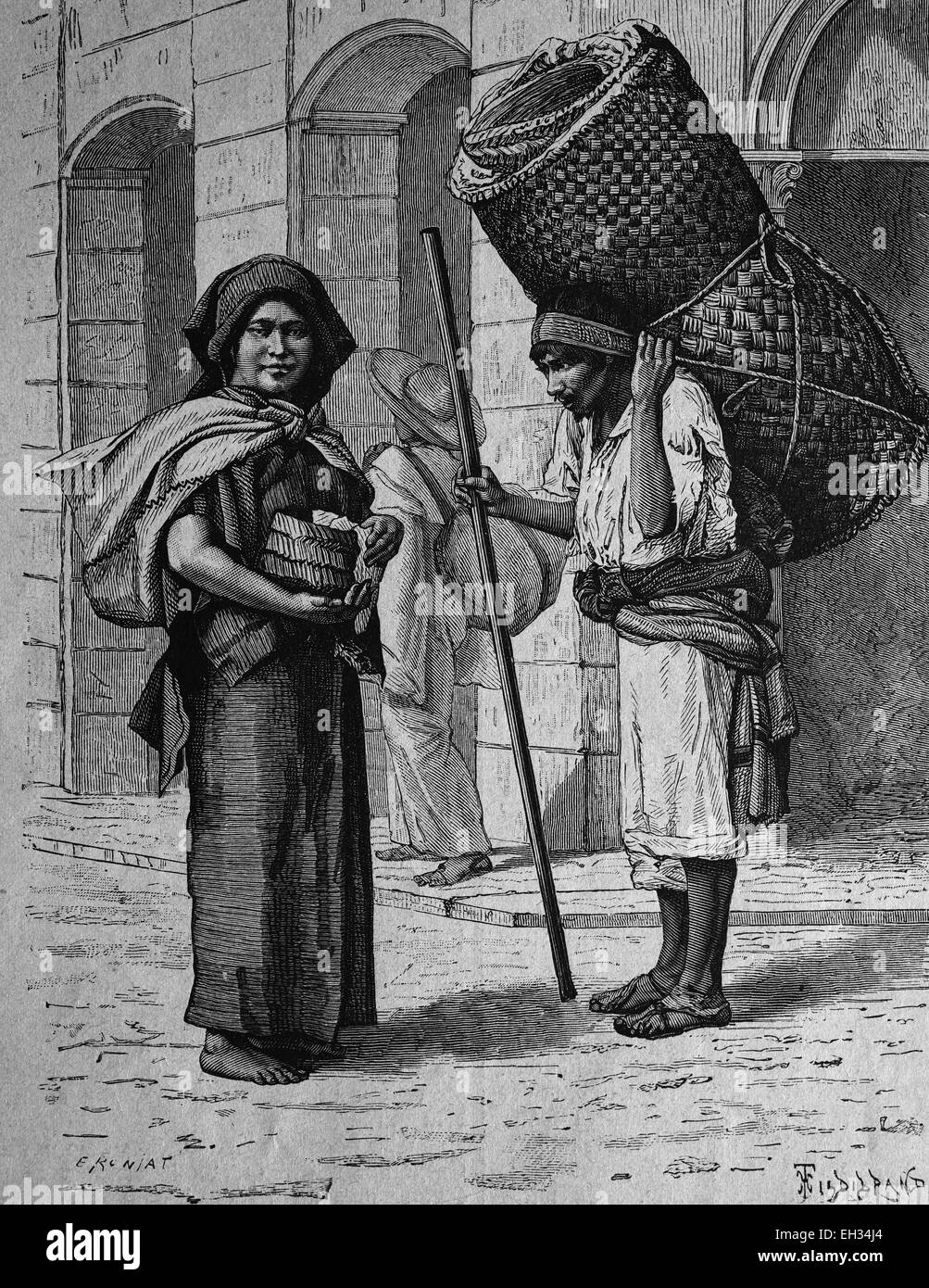 Native American Tortillera and a matt merchant in Mexico, America, woodcut 1888 Stock Photo