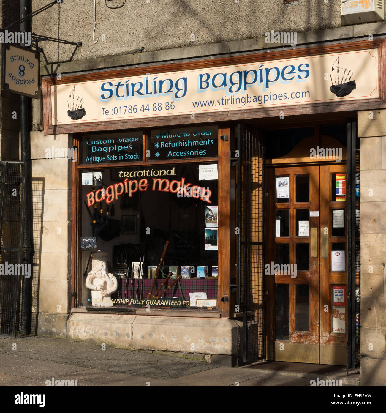 STIRLING,SCOTLAND, UK - 4 MARCH 2015: Stirling Bagpipes shop - small shop and workshop making hand crafted highland bagpipes Stock Photo
