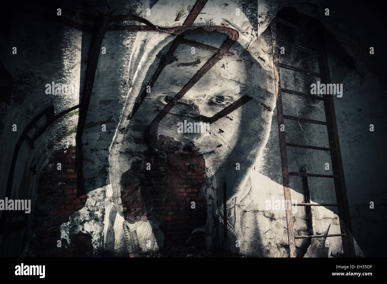 Abstract monochrome horror background, abandoned dark room with ghost of  dangerous man in hood. Double exposure photo effect Stock Photo - Alamy