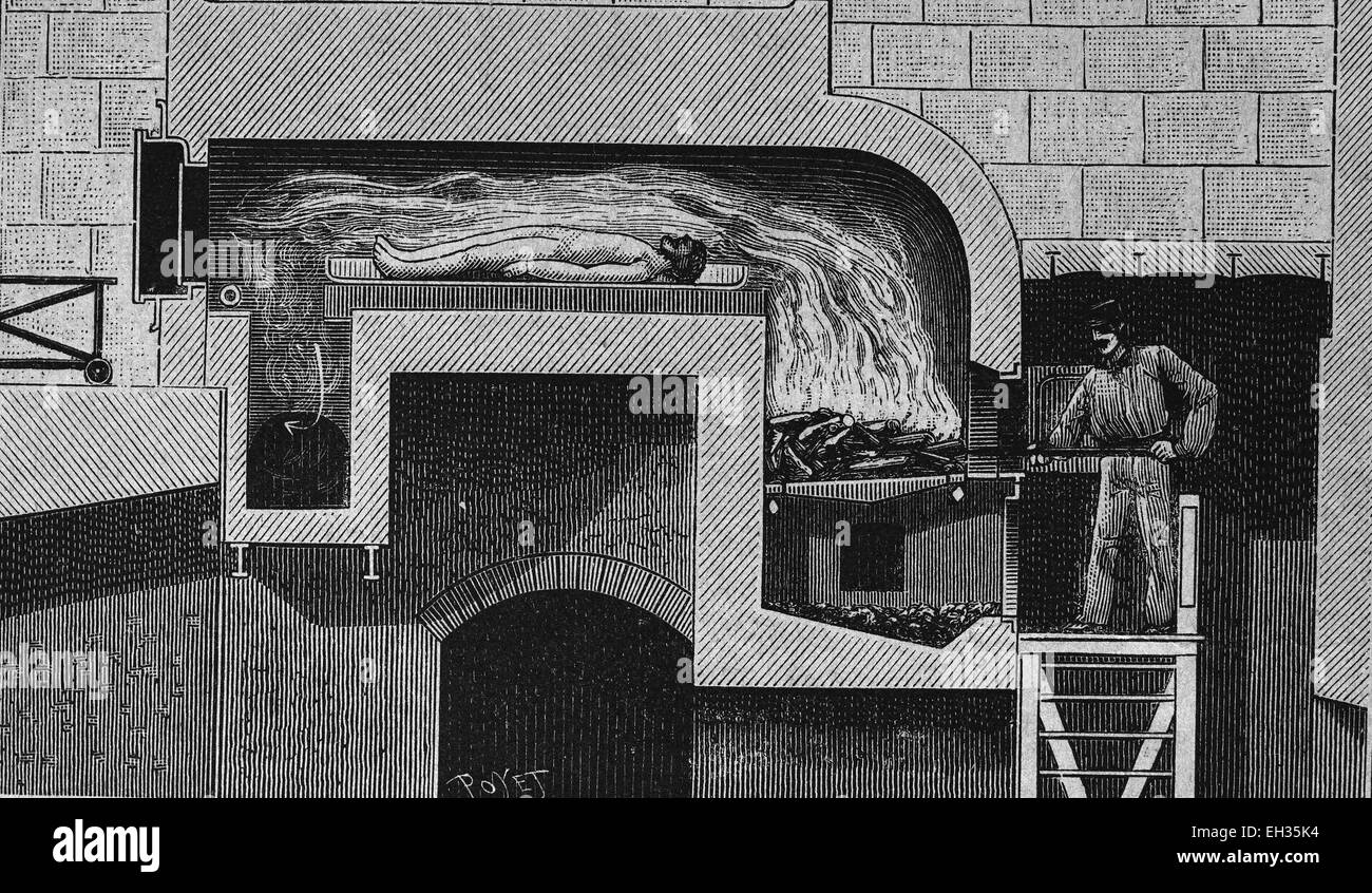 Cremation apparatus on the Pere-Lachaise cemetery, Paris, France, woodcut, historical engraving, 1880, Europe Stock Photo