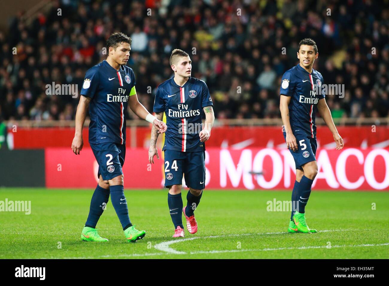 Marco VERRATTI/Thiago SILVA/MARQUINHOS - 01.02.2015 - Monaco/Paris Saint Germain - 27eme journee de Ligue 1 -.Photo : Serge Haouzi/Icon Sport Stock Photo