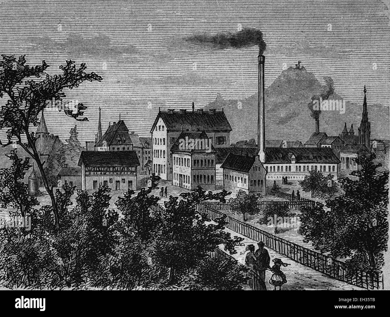 View of Werner's factories, Gustav-Werner-Stiftung, foundation, engine factory, paper mill machinery factory, Reutlingen, Baden-Wuerttemberg, Germany, woodcut, historical engraving, 1880, Europe Stock Photo