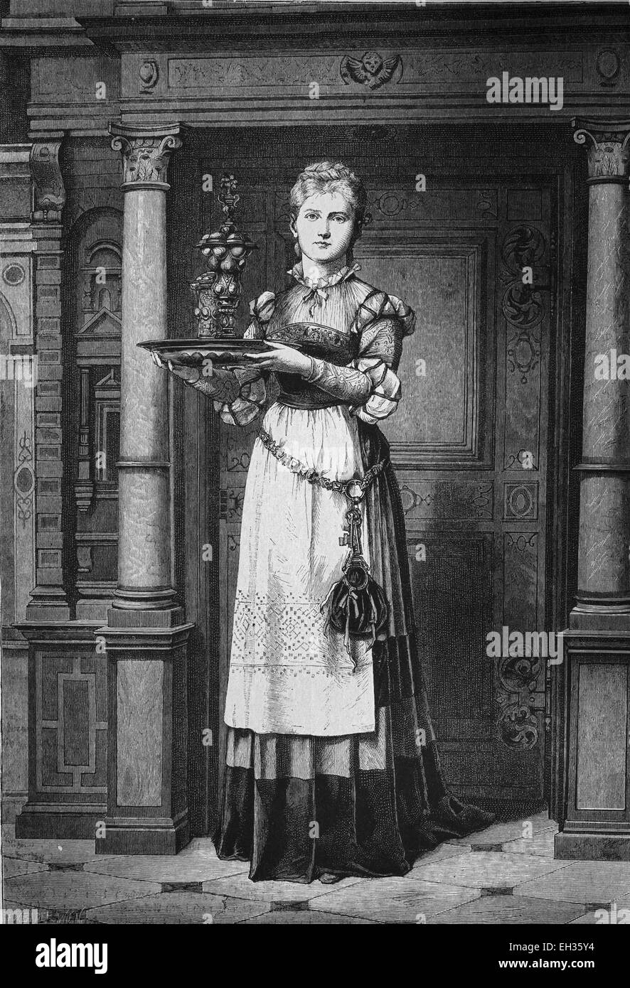 Maid serving morning tea, woodcut, historical engraving, 1880 Stock Photo