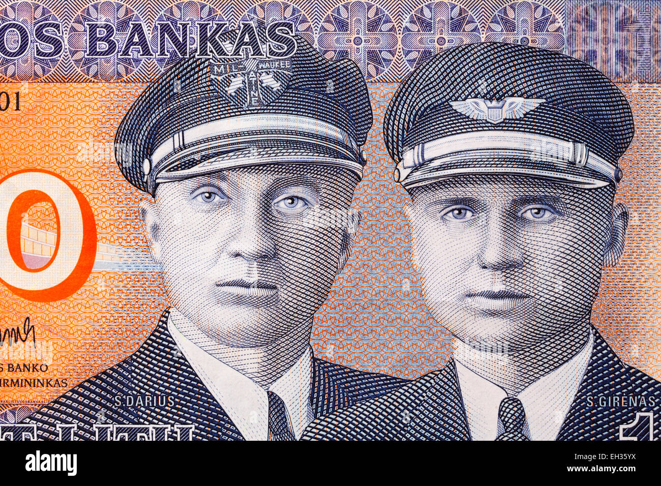 Lithuanian Aviator pilots Steponas Darius and Stasys Girenas from 10 litu banknote, Lithuania, 2001 Stock Photo