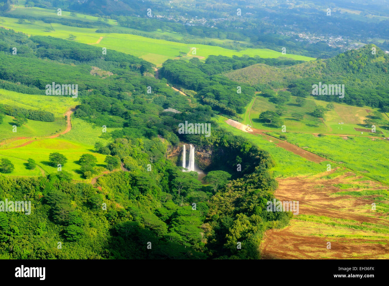 Aerial view of Wailua Falls on Wailua River, Kauai, Hawaii, USA Stock