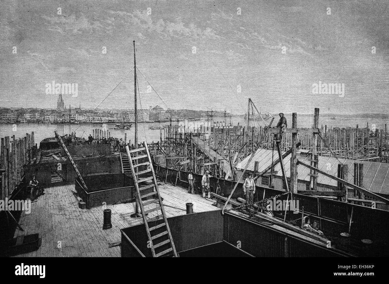 The Port of Kiel and Norddeutsche Werft shipyard, Kiel, Schleswig-Holstein, Germany, wood engraving, 1880, Europe Stock Photo