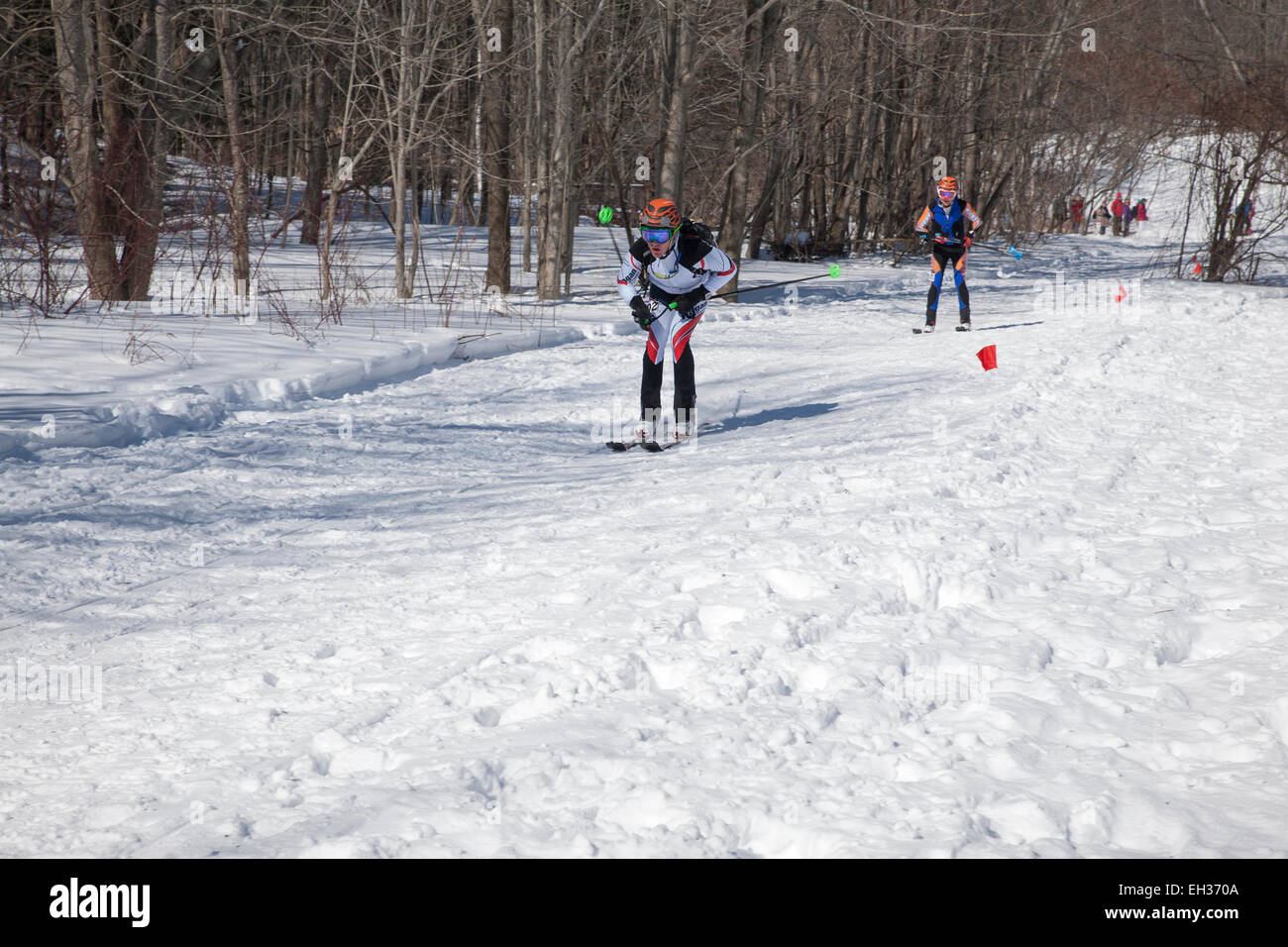 Skiers approach the halfway point at the Thunderbolt Ski Race in March 2015 on Mount Greylock, Adams, MA. Stock Photo