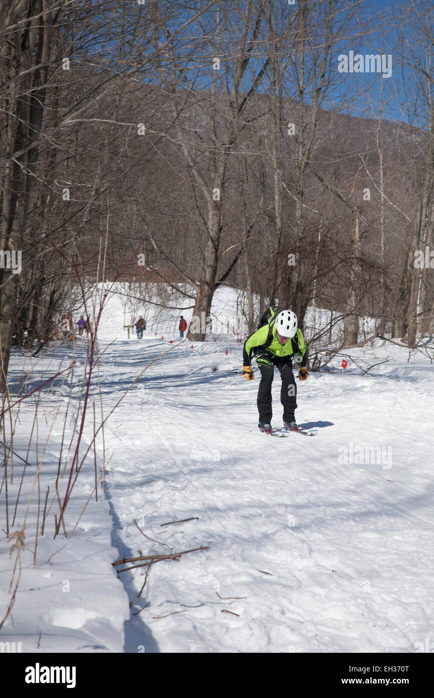 An adventurous skier at the halfway point at the Thunderbolt Ski Race in March 2015 on Mount Greylock, Adams, MA. Stock Photo