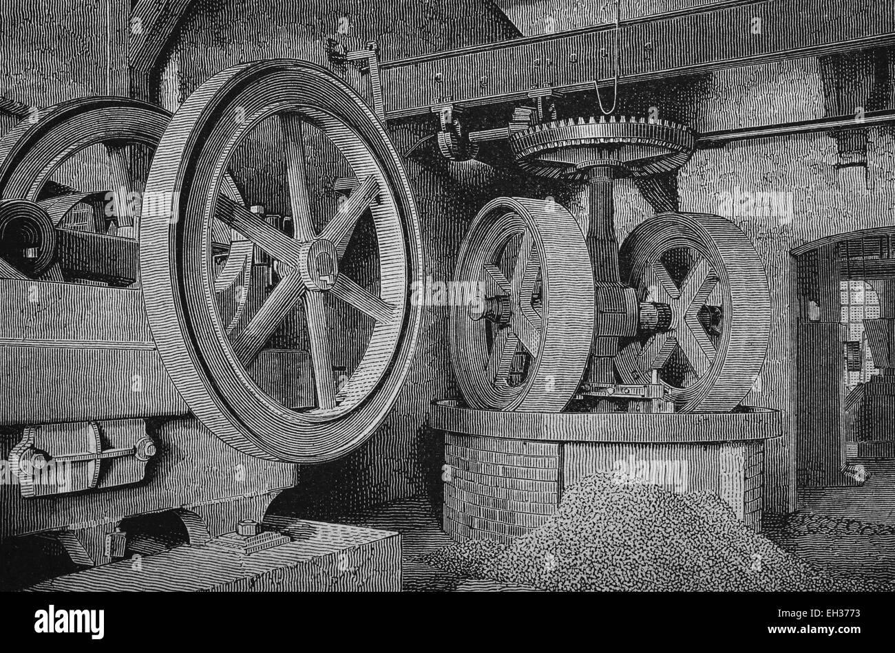 Crushing machines in sanding factory, woodcut, historical engraving, 1882 Stock Photo