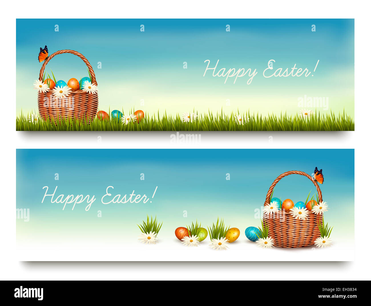 Two Happy Easter banners with easter eggs in a basket. Vector Stock ...
