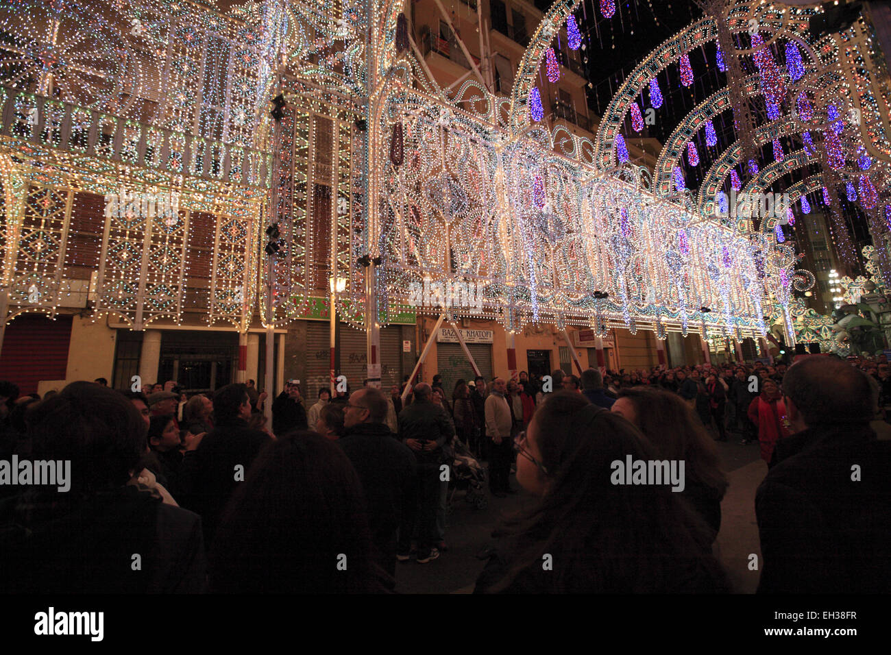 Traditional street lights decoration during Valencia Fallas festival