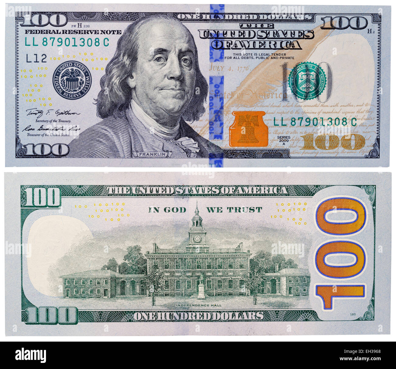 100 dollars banknote, Benjamin Franklin, Independence Hall, USA, 2009 Stock Photo