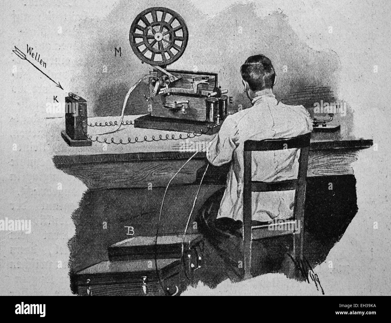 Telegraphy receiving station, woodcut, 1888 Stock Photo