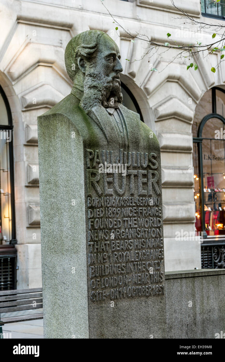 A statue of Paul Julius Reuter, founder of the Reuters News Agency behind the Royal Exchange in the City of London Stock Photo