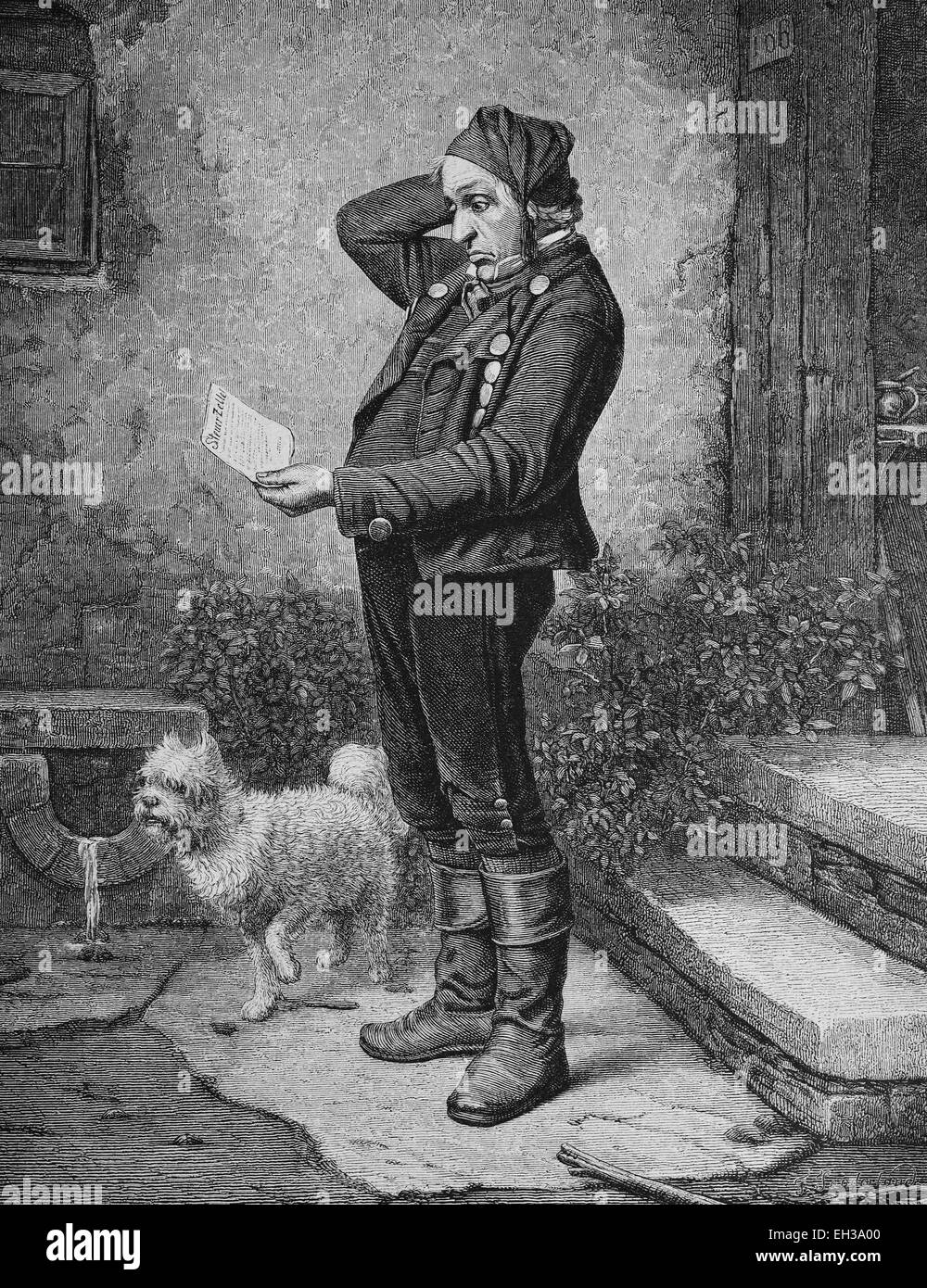 Man with a tax demand, wood engraving, c 1880 Stock Photo