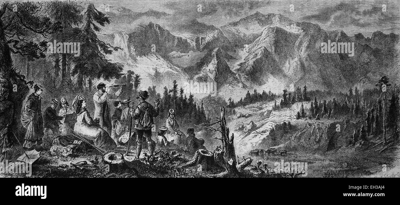 Near Mittenwald in front of the Wettersteinalp, Bavaria, Germany, wood engraving, c 1880, Europe Stock Photo