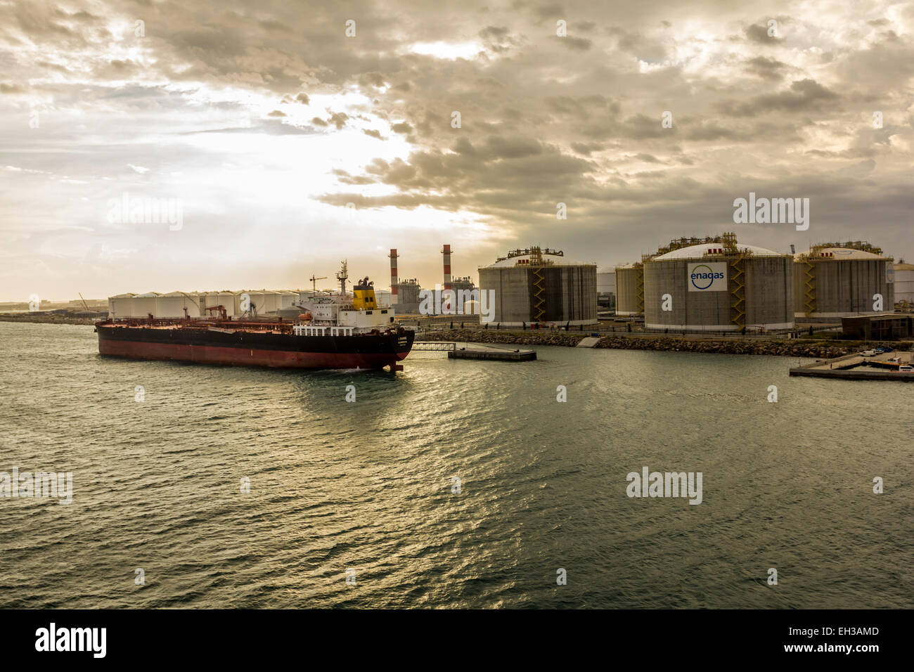 The ship Louise docked at the Enagas  liquefied natural gas, regasification facility at the Port of Barcelona ( Port de Barcelon Stock Photo