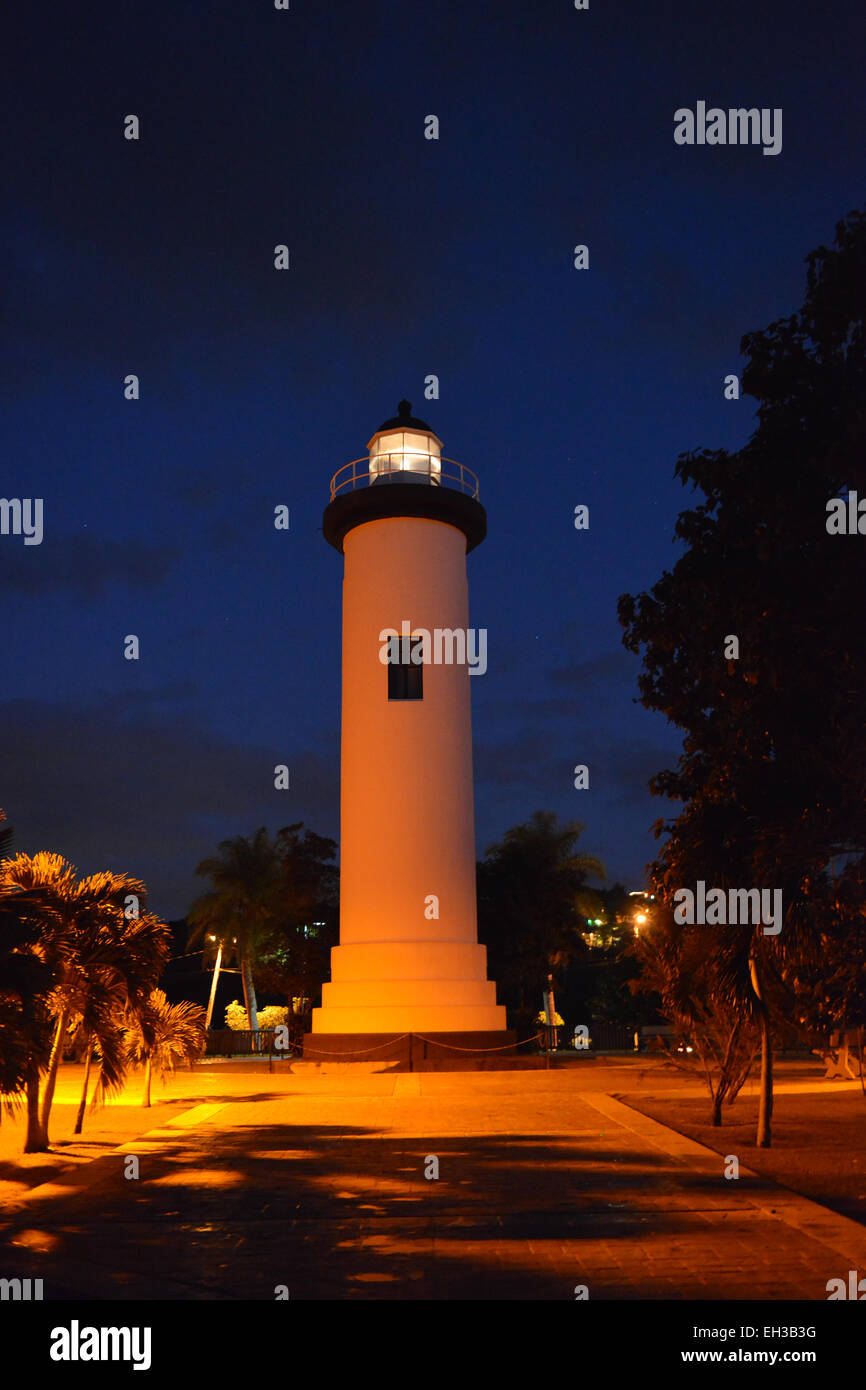 The Rincon lighthouse (El Faro de Punta Higuero) at night. Puerto Rico. US territory. Caribbean Island Stock Photo