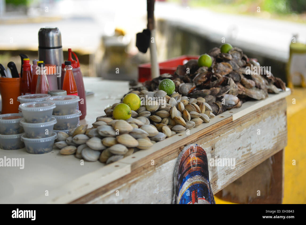 Make shift street stand selling clams. Puerto Rico. US territory. Caribbean Island Stock Photo