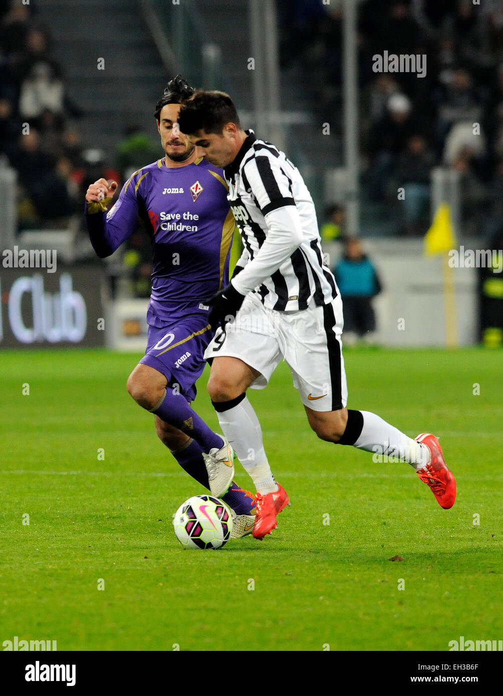 Turin, Italy. 05th Mar, 2015. Coppa Italia Semi Final. Juventus - Fiorentina. Alberto Aquilani challenges Alvaro Morata. Credit:  Action Plus Sports/Alamy Live News Stock Photo