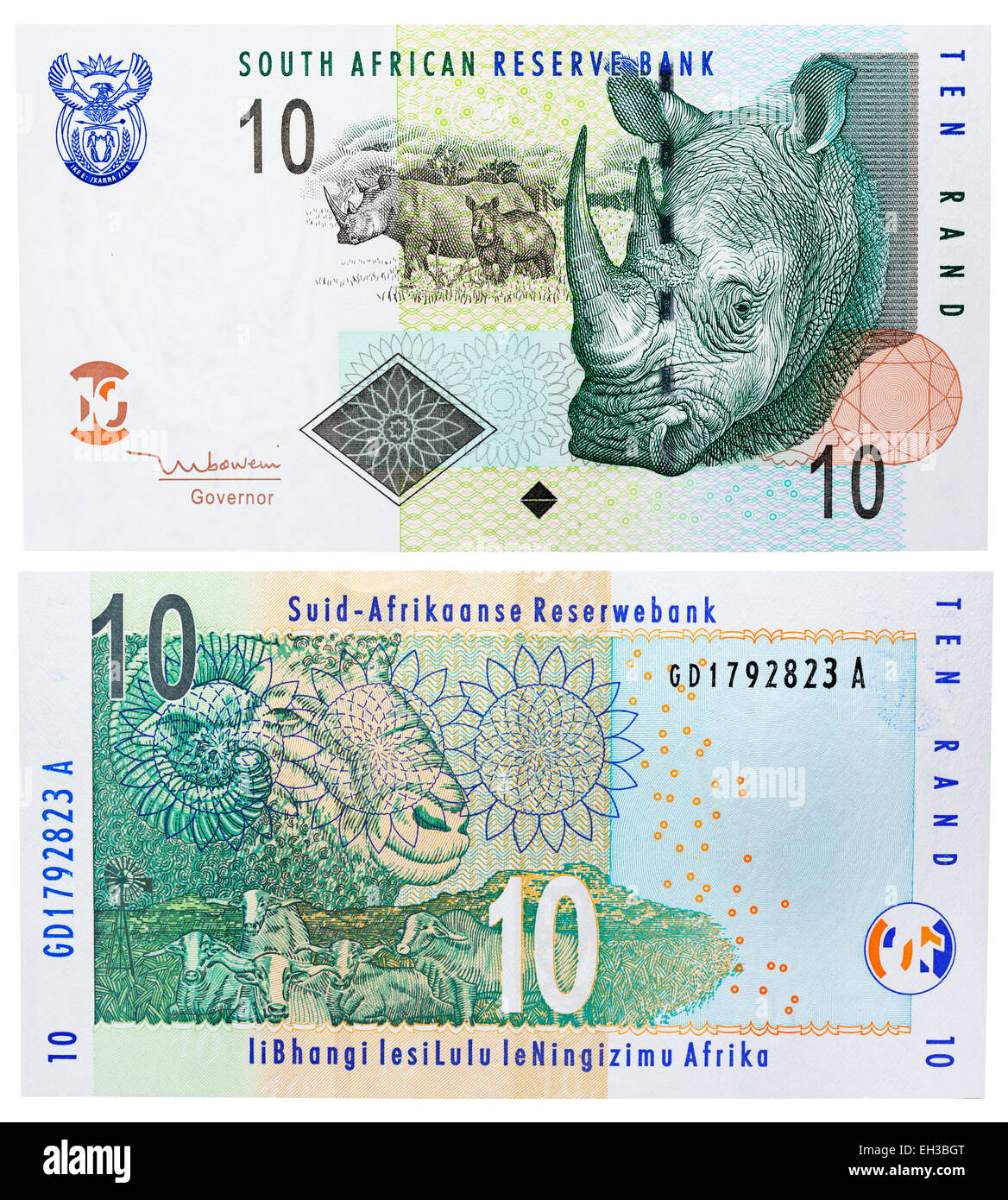 10 rand banknote, White Rhinoceros, South Africa, 2005 Stock Photo