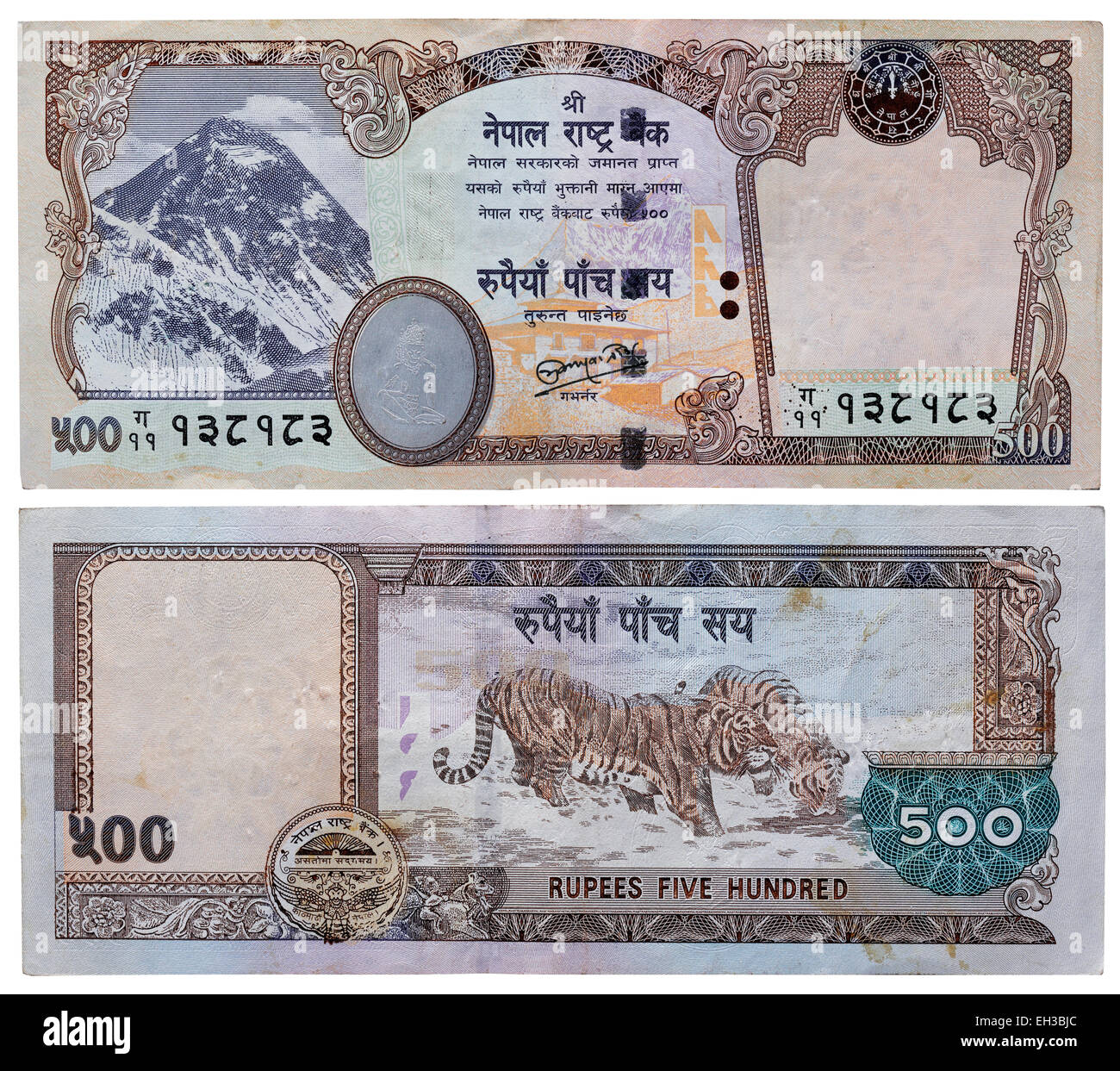 500 rupees banknote, Mount Everest and tigers, Nepal, 2008 Stock Photo