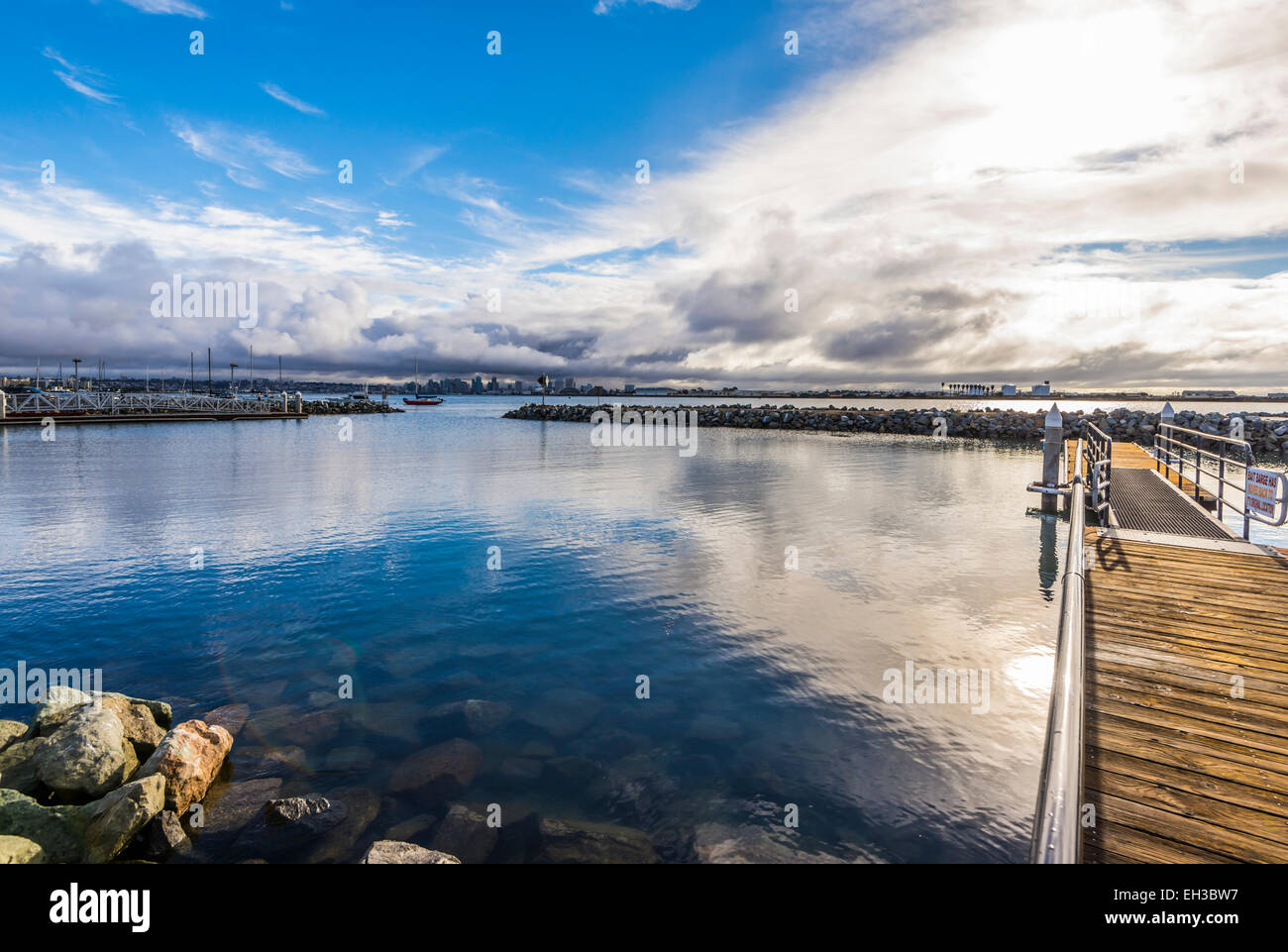 Shelter Island Boat Launching Ramp basin. Clouds over San Diego Harbor