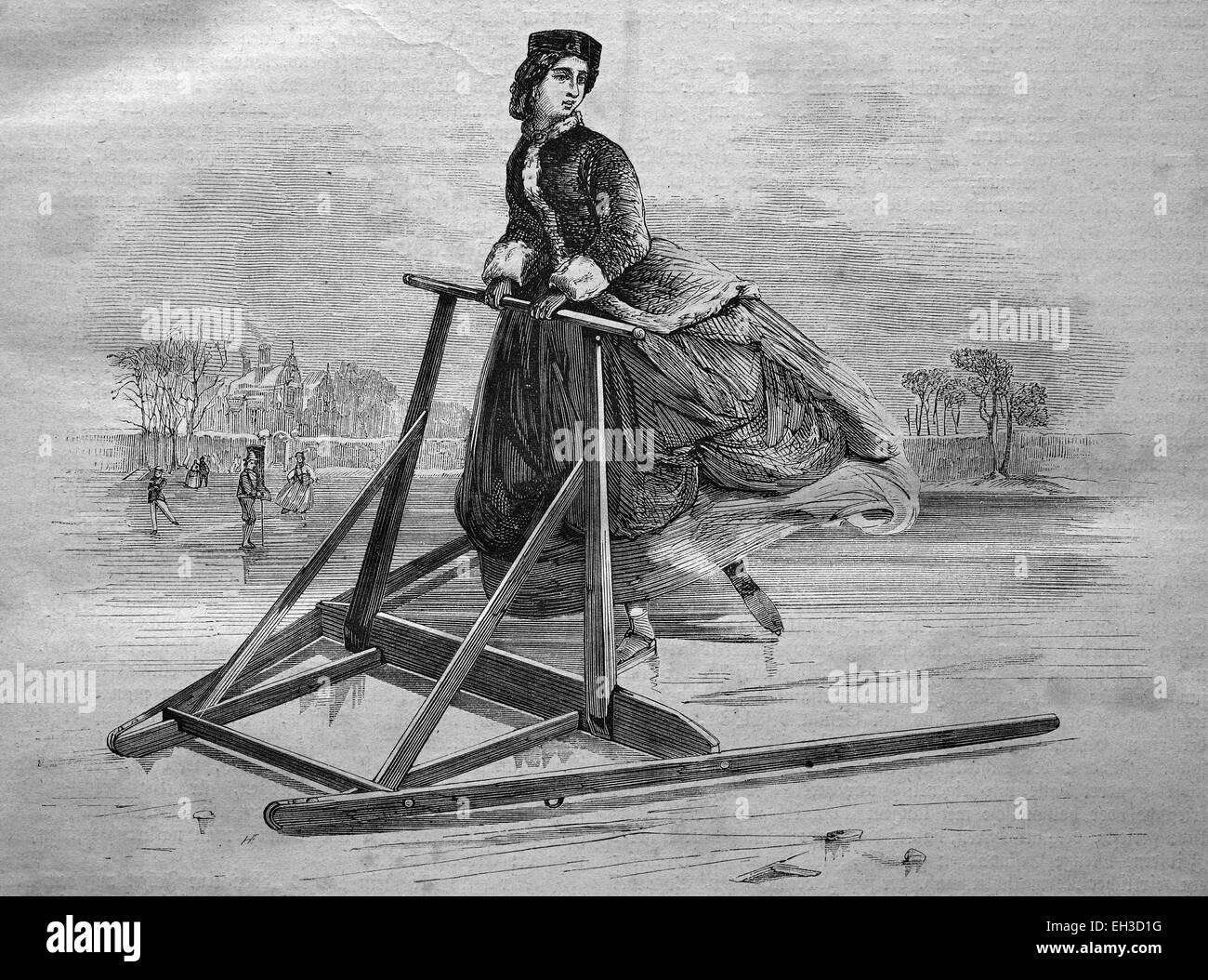 Skating frame for women, historical engraving, 1869 Stock Photo