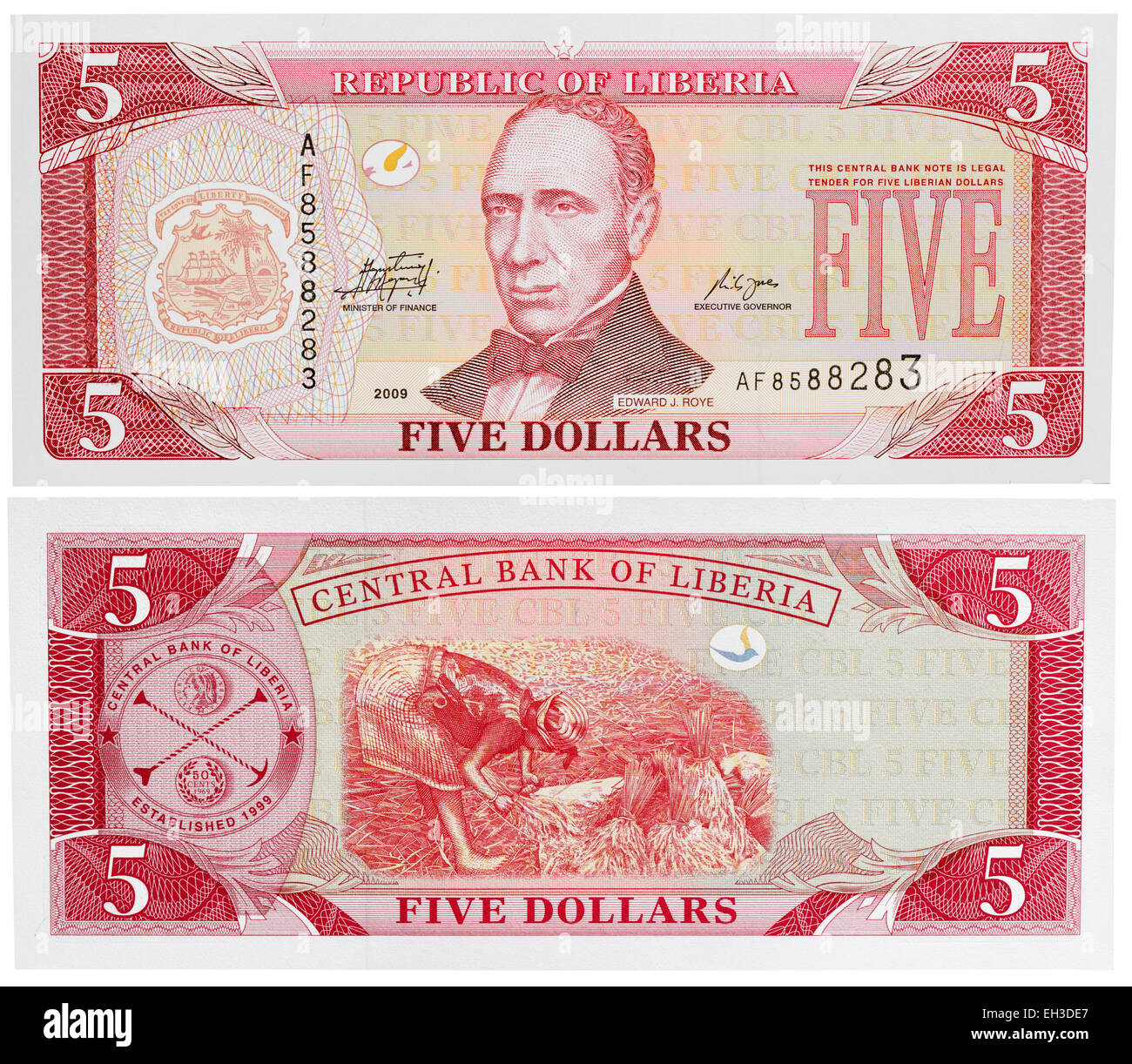 5 dollars banknote, Edward J. Roye, Liberia, 2009 Stock Photo