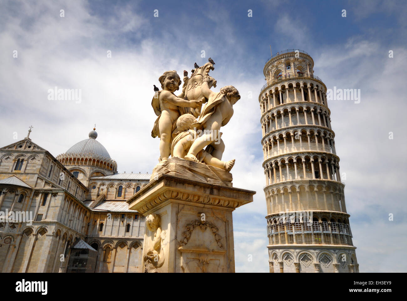 Leaning Tower of Pisa with statue, Pizza del Miracoli, Pisa, Italy