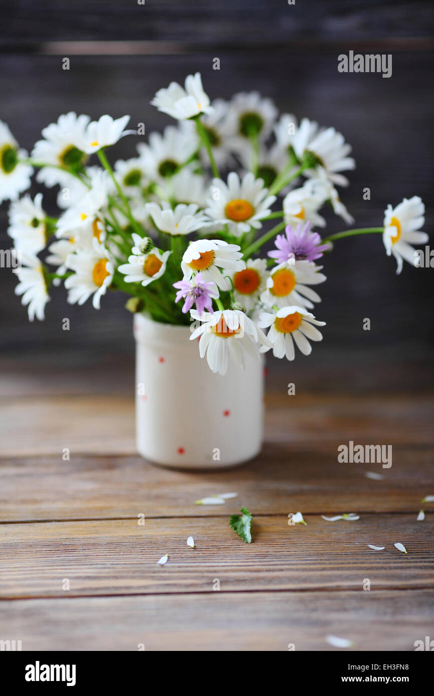 fresh camomile in a vase on the boards, flowers Stock Photo