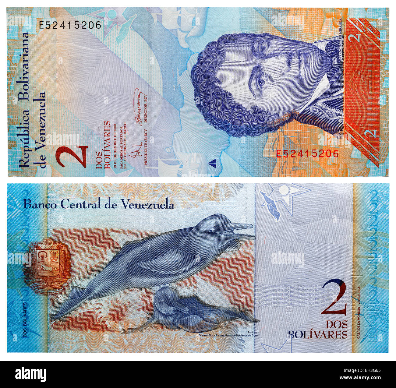2 Bolivares banknote, Generalisimo Francisco de Miranda, Venezuela, 2008 Stock Photo