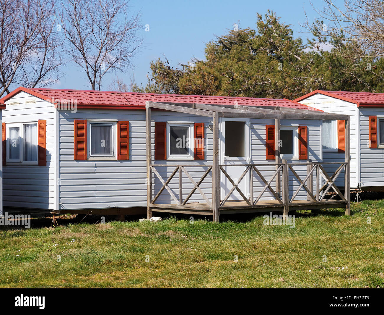 mobile home with veranda in campsite Stock Photo