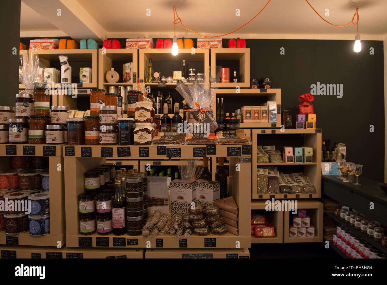 interior of posh luxury gourmet food and drink shop, showing the