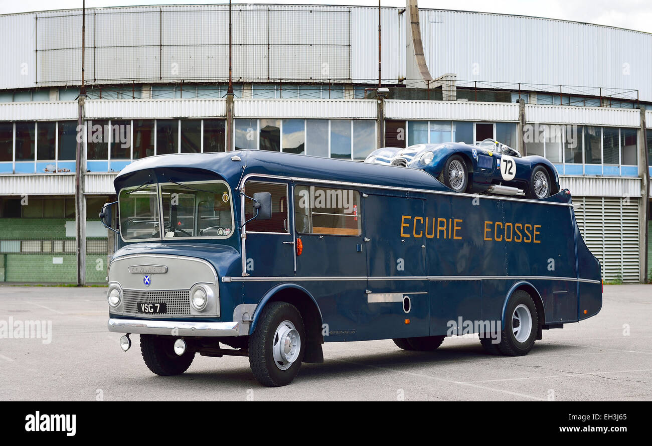 Jaguar racing car transporter, in front of the exhibition hall, exhibition, vintage car, racing car, Mille Miglia, Brescia Stock Photo