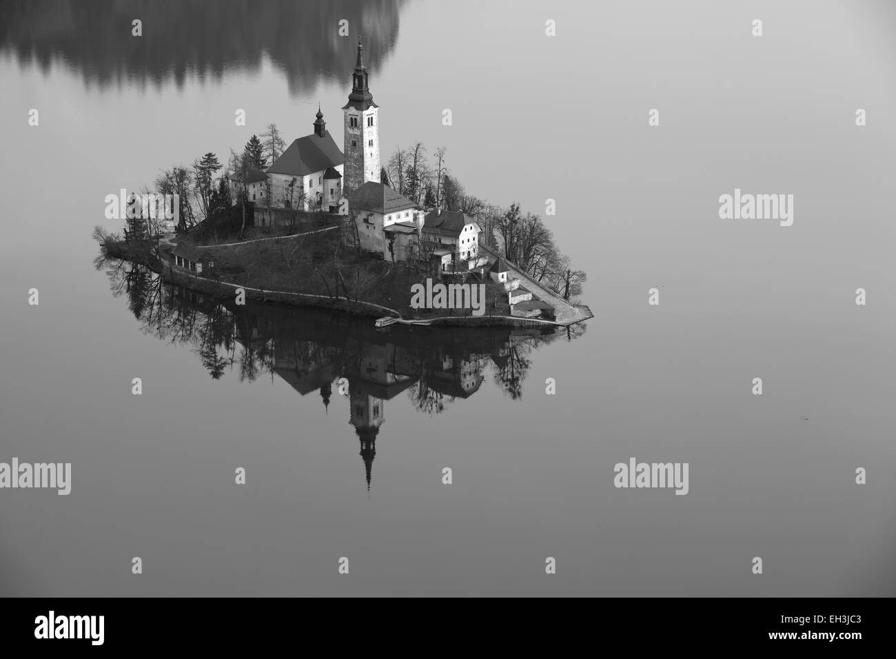 Lake Bled. Black and white image of Lake Bled with St. Marys Church of the Assumption on the small island. Bled, Slovenia,Europe Stock Photo