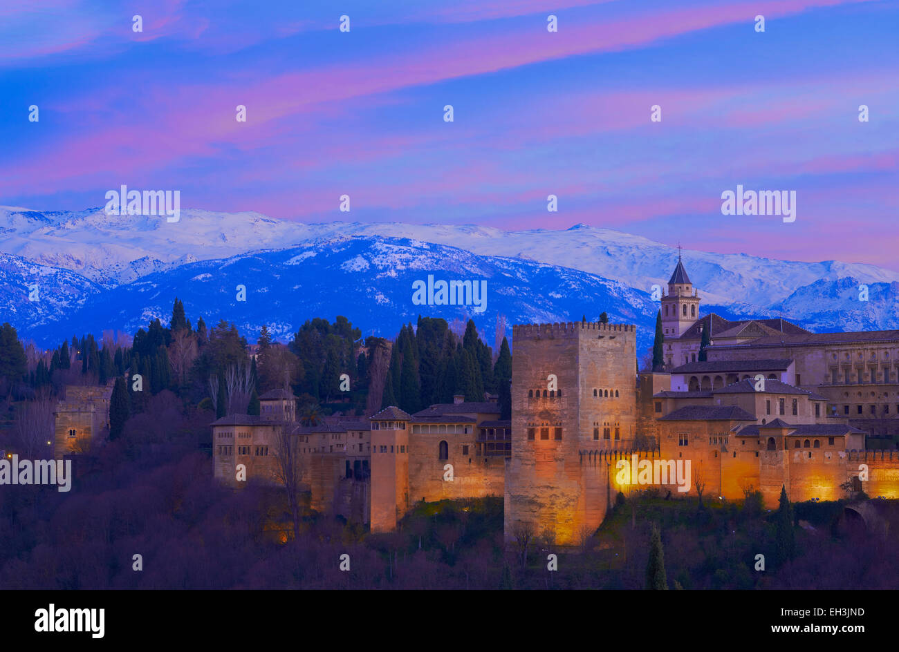 Alhambra, UNESCO World Heritage Site, at dusk, Sierra Nevada, Granada, Andalusia, Spain Stock Photo