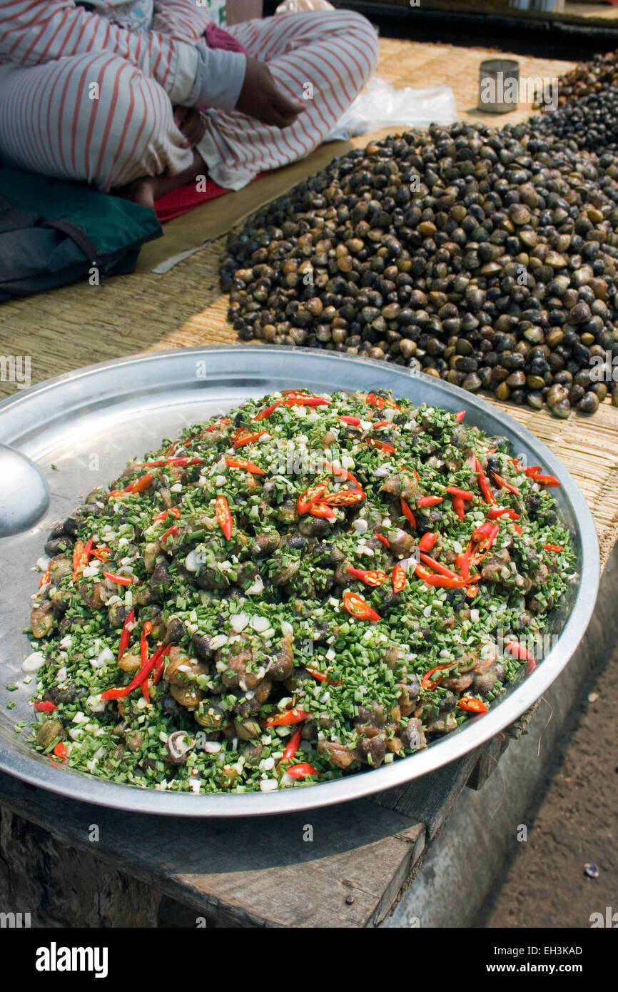 Snails are for sale at a food stall from a street food vendor on a city