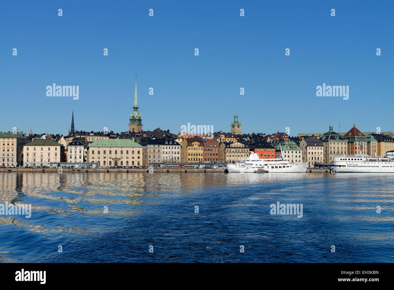 Houses on Skeppsbron, Gamla stan old town, from the ferry, Stockholm, Sweden Stock Photo