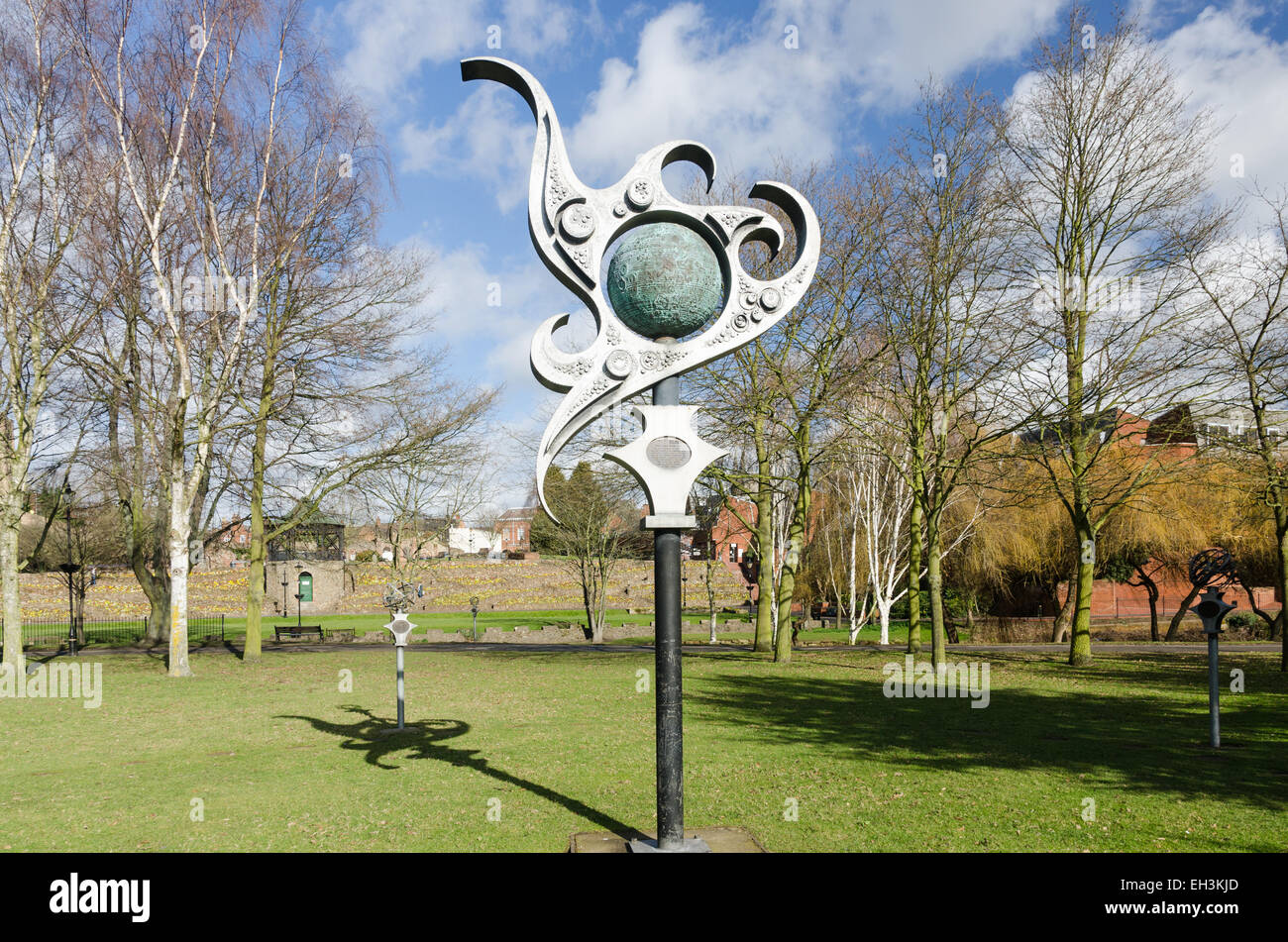 Model of the Sun, one of the exhibits in the Tamworth Planet Walk Sculpture Trail in the Pleasure Grounds, Tamworth Stock Photo