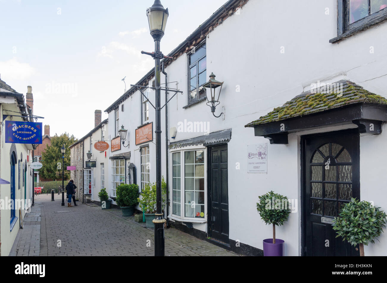 Row of shops in Little Church Lane in Tamworth, Staffordshire Stock Photo