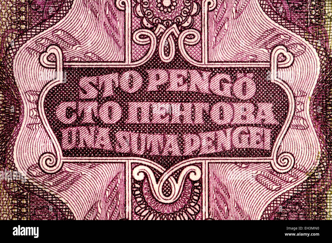 Detail from a 1930 Hungarian 100 Pengo banknote showing text for '100 Pengo' in Czech, Russian and Romanian Stock Photo
