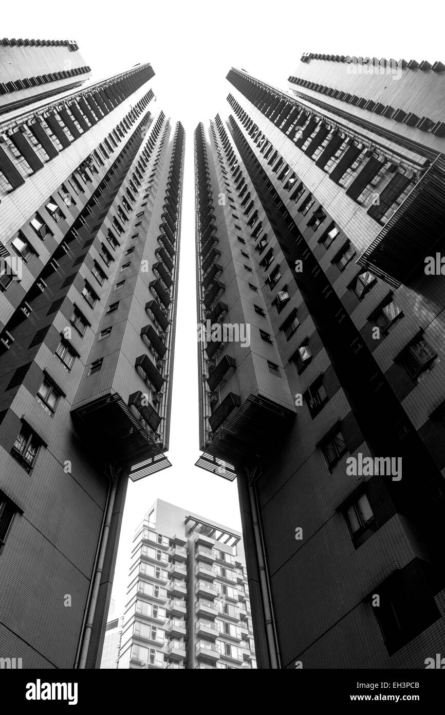 A black and white picture of two high rise buildings Stock Photo