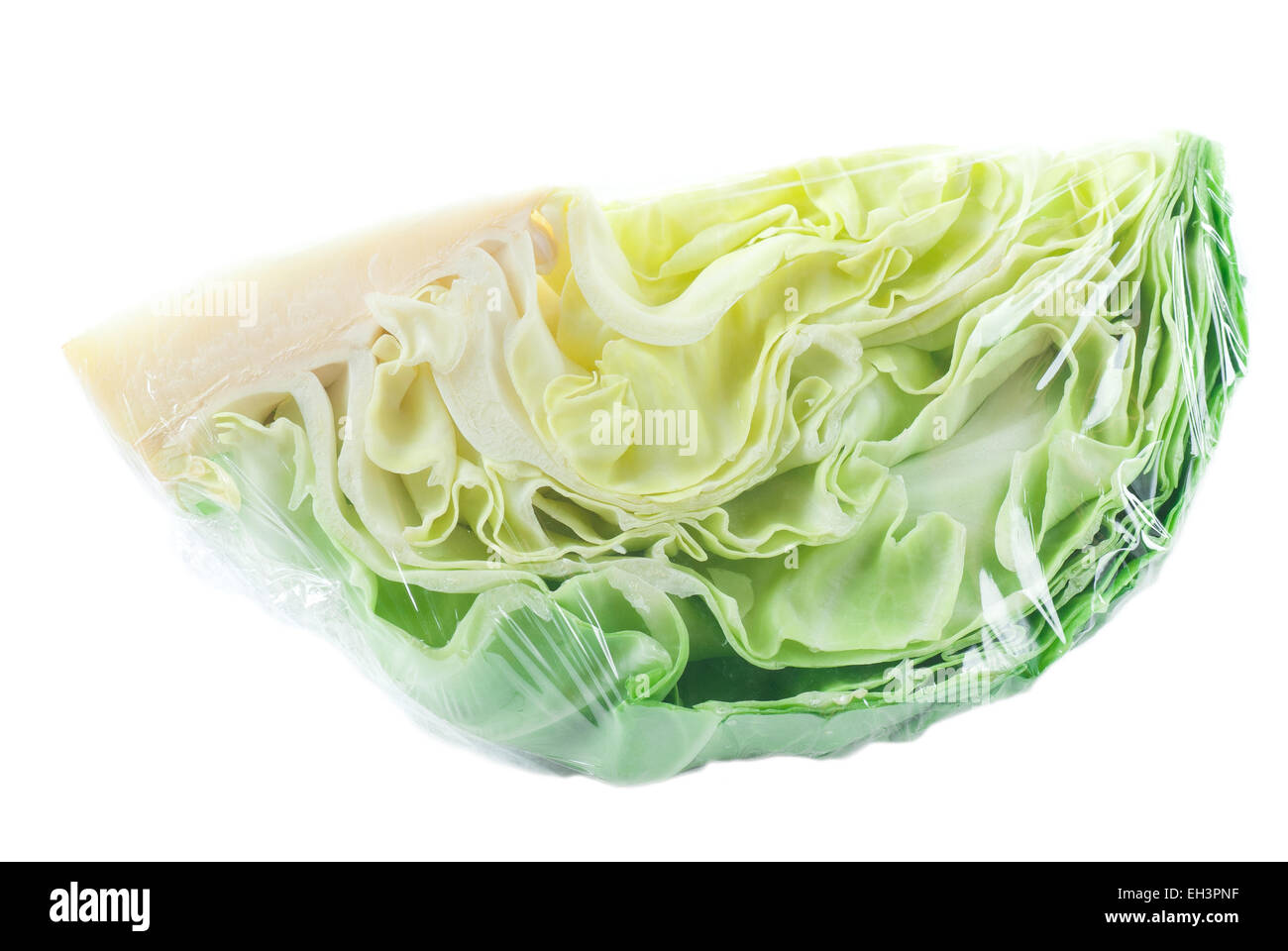 Plastic wrapped cabbage on white background. Stock Photo