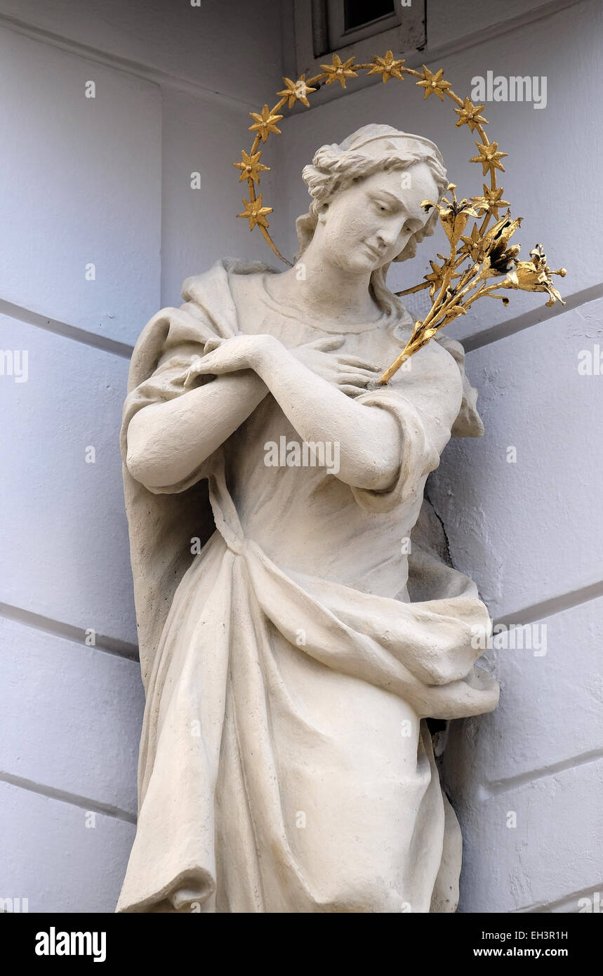Virgin Mary, statue on the house facade in Graz, Styria, Austria on ...