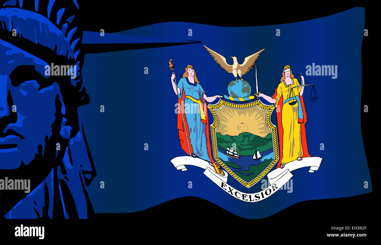 New York state flag with a closeup of the Statue of Liberty Stock Photo