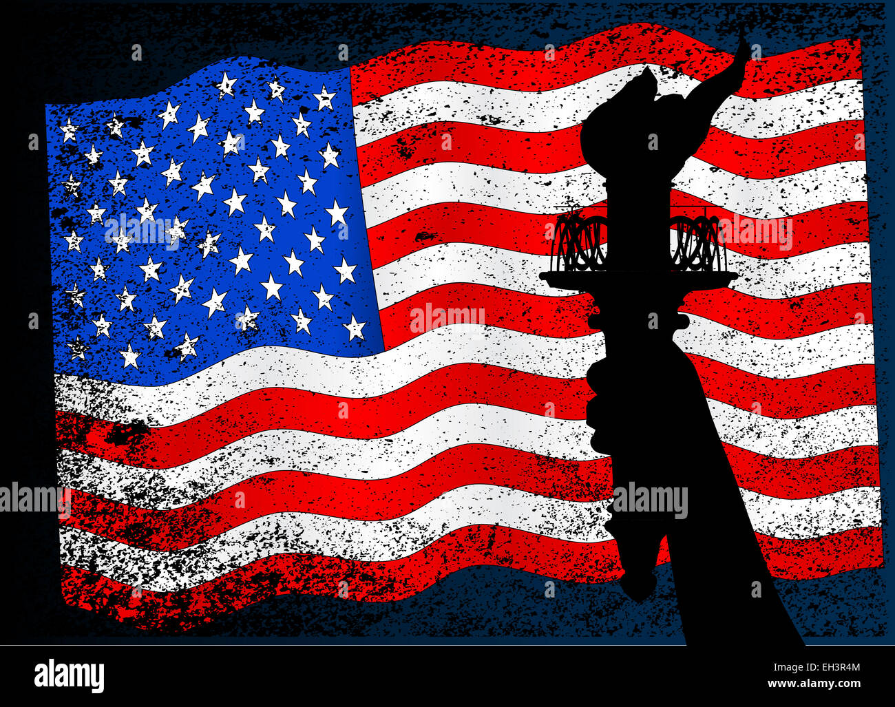 Stars and Stripes grunge flag with a closeup of the Statue of Liberty torch in silhouette Stock Photo