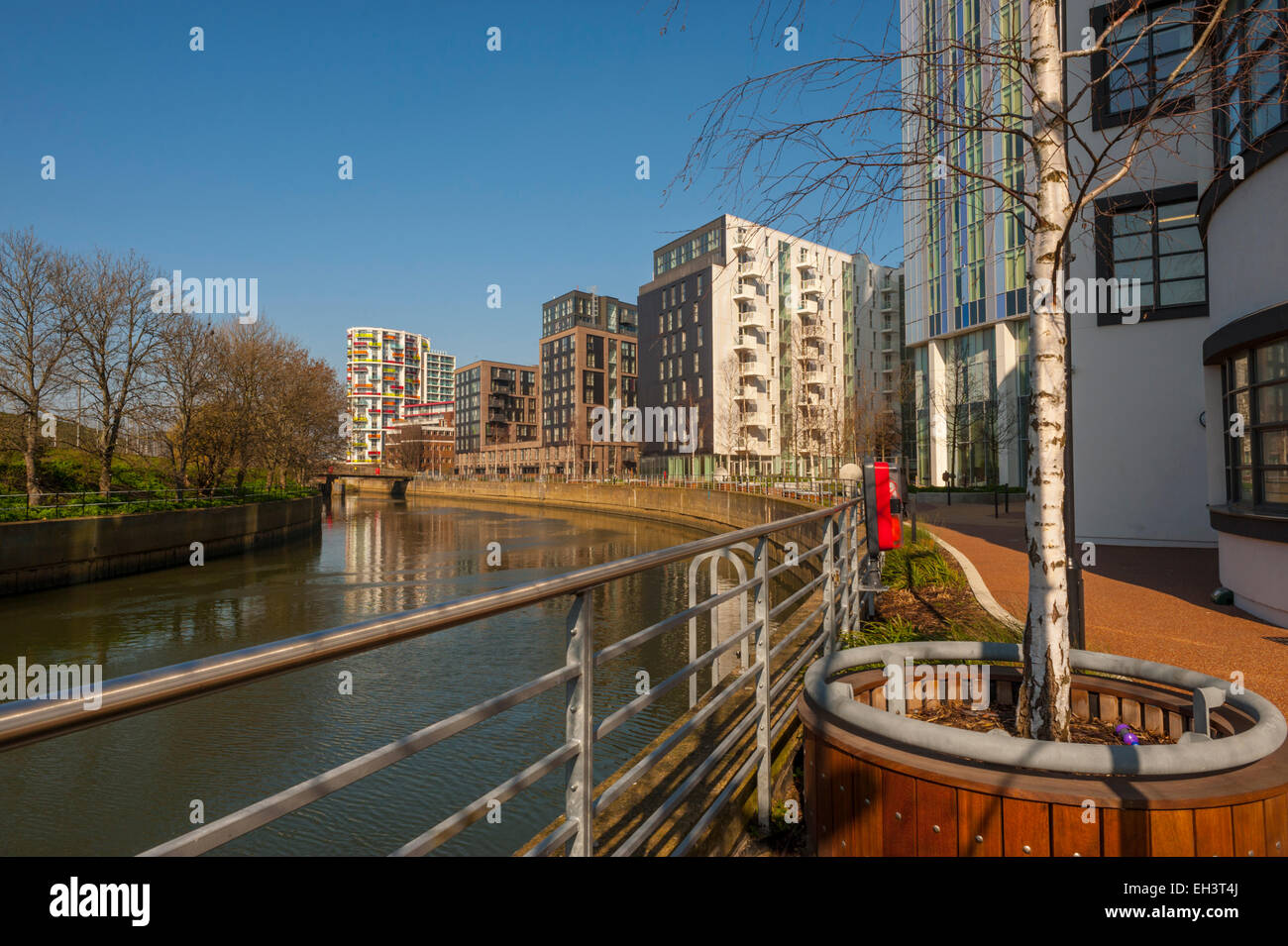 New flats and apartments overlooking the river Lea at Stratfrod east London. Stock Photo