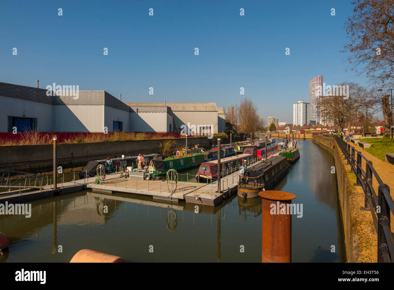 The river Lea with house boats at Stratford East London Stock Photo